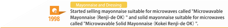 1998 Started selling mayonnaise suitable for microwaves called "Microwavable Mayonnaise (Renji-de OK)" and solid mayonnaise suitable for microwaves called "Microwavable Solid Mayonnaise (Kokei Renji-de OK)".