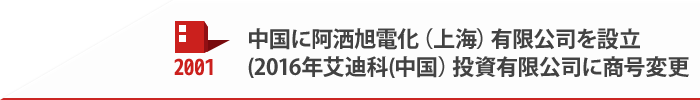 2001 中国に阿洒旭電化（上海）有限公司を設立（2016年艾迪科(中国）投資有限公司に商号変更）