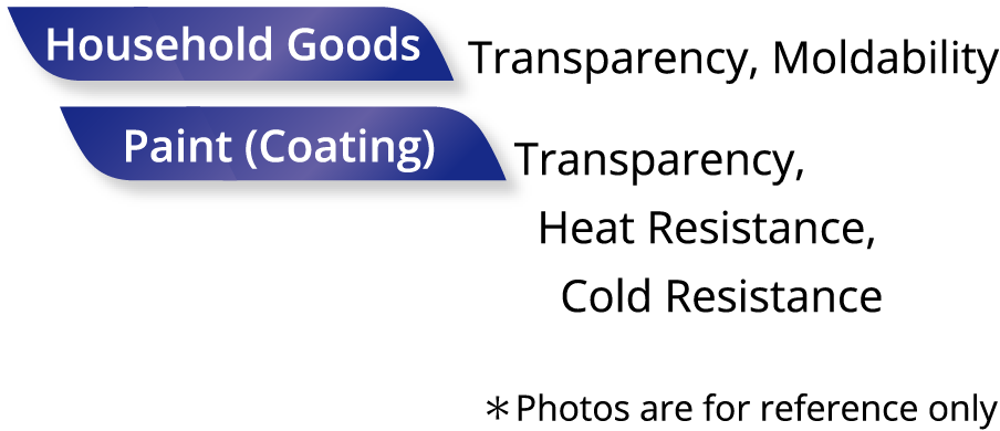 Household Goods Transparency, Moldability/Paint (coating) Transparency,Heat Resistance,Cold Resistance ＊Photos are for reference only